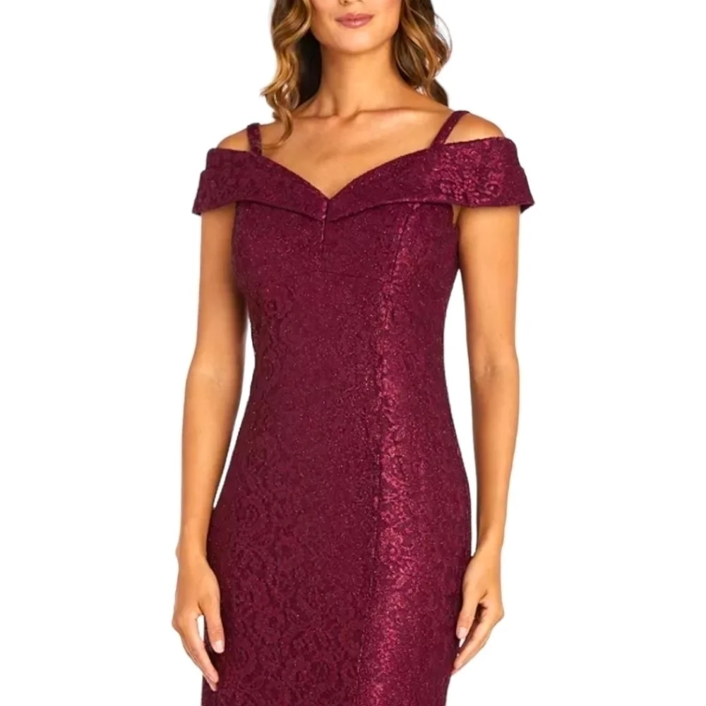 R & M Richards Burgundy Off-The-Shoulder Petite Lace Gown Plus Size 18W - Picture 6 of 11